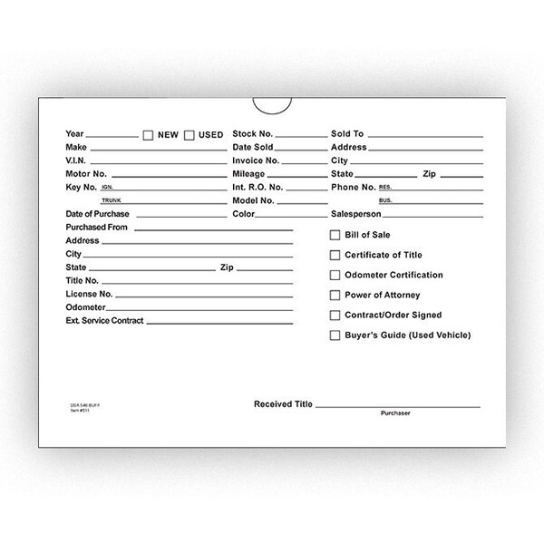 Car Dealer Depot Vehicle Deal Envelopes (Deal Jackets) Printed, 9" X 12", Dsa-546:Wht Pk 515-100 - main